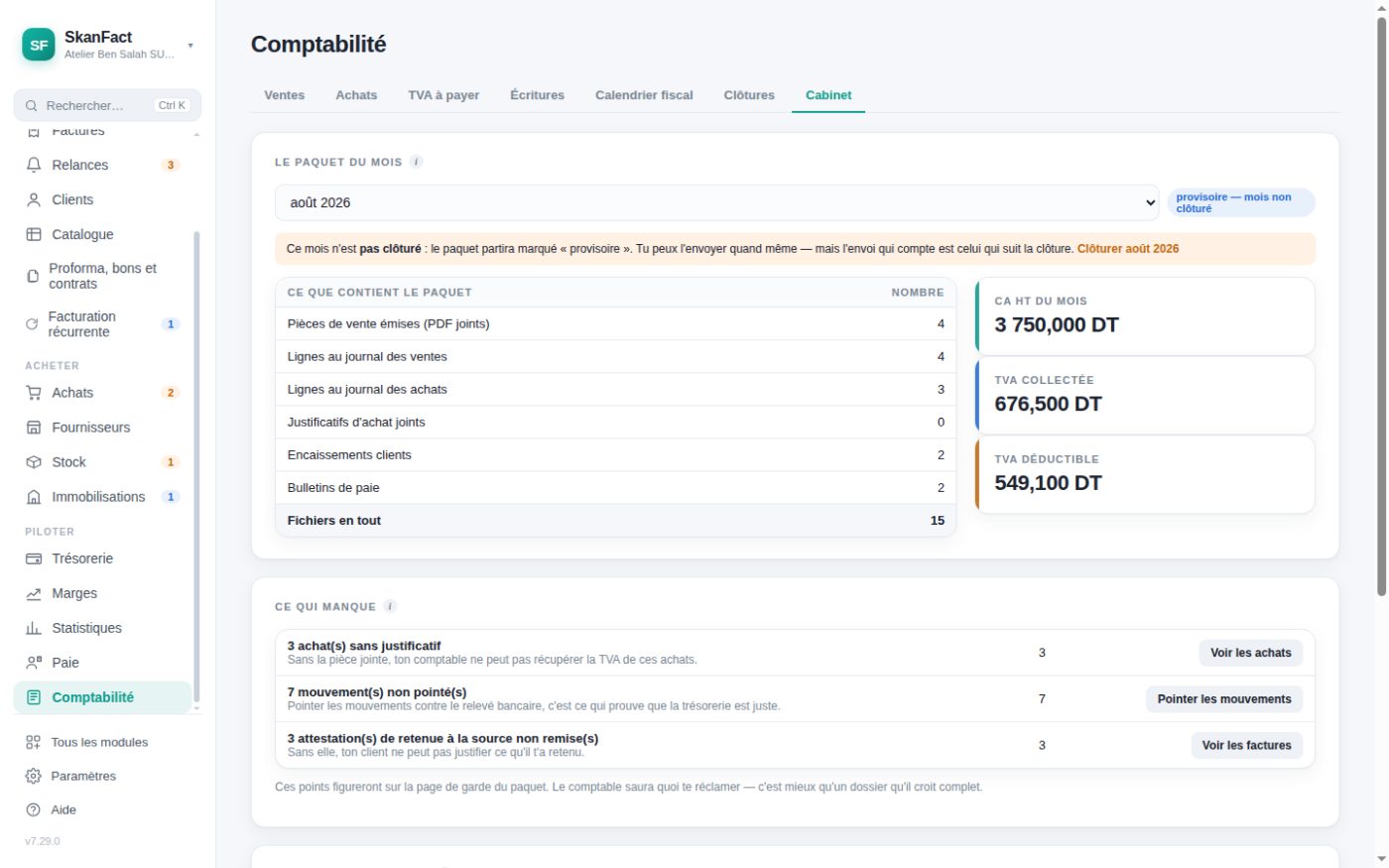 La page Comptabilité de SkanFact, onglet Cabinet : le paquet du mois, ce qui manque, et l'historique des envois.