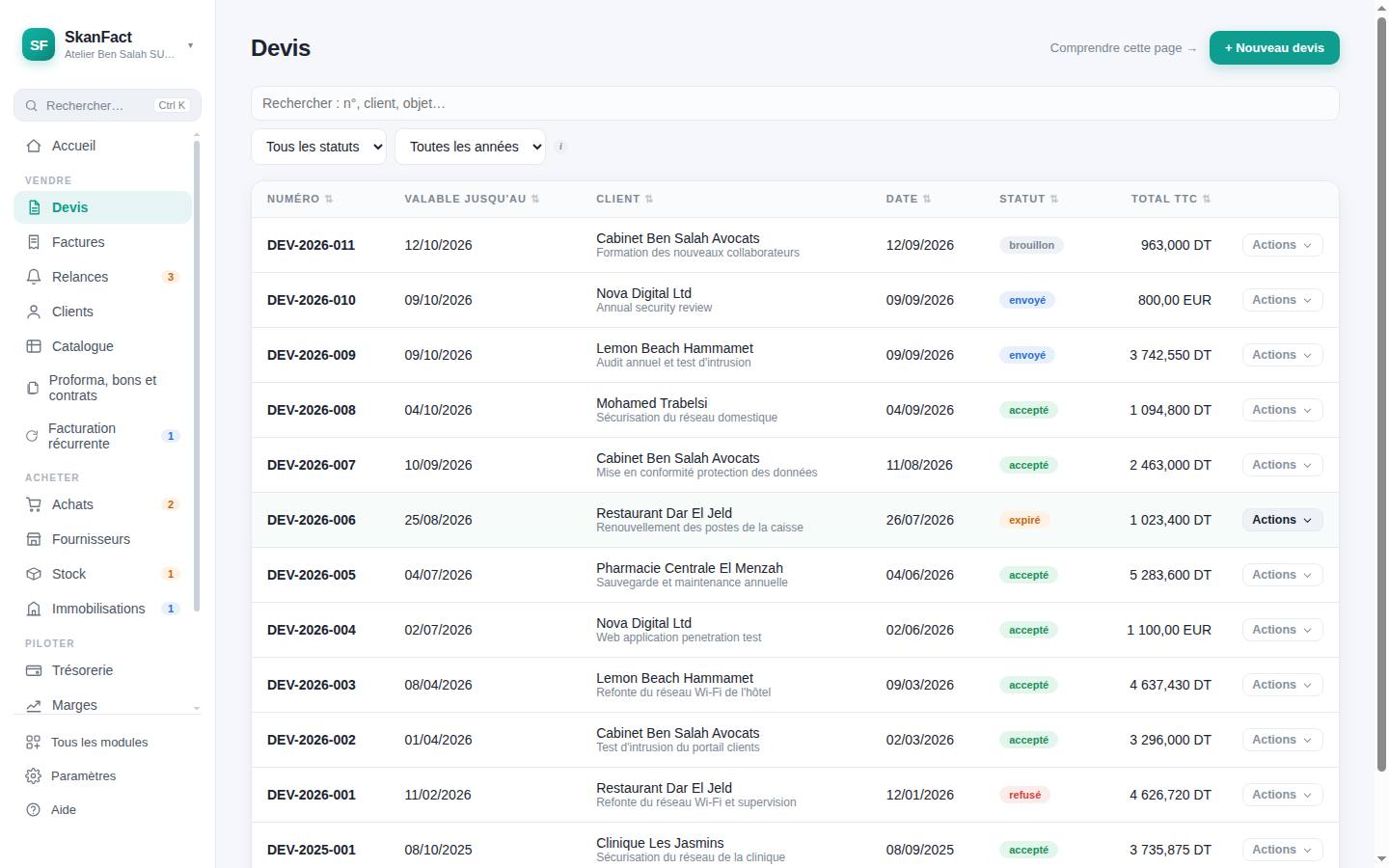 La page Devis de SkanFact : un tableau de devis avec leur numéro, leur client, leur montant et une pastille d'état.